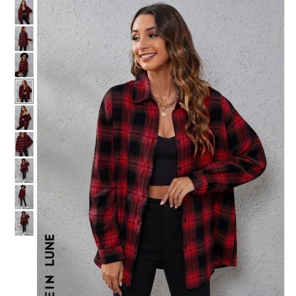 SHEIN Tops - SHEIN LUNE Plaid Print Drop Shoulder Shirt in Red / Black Size S NWOT